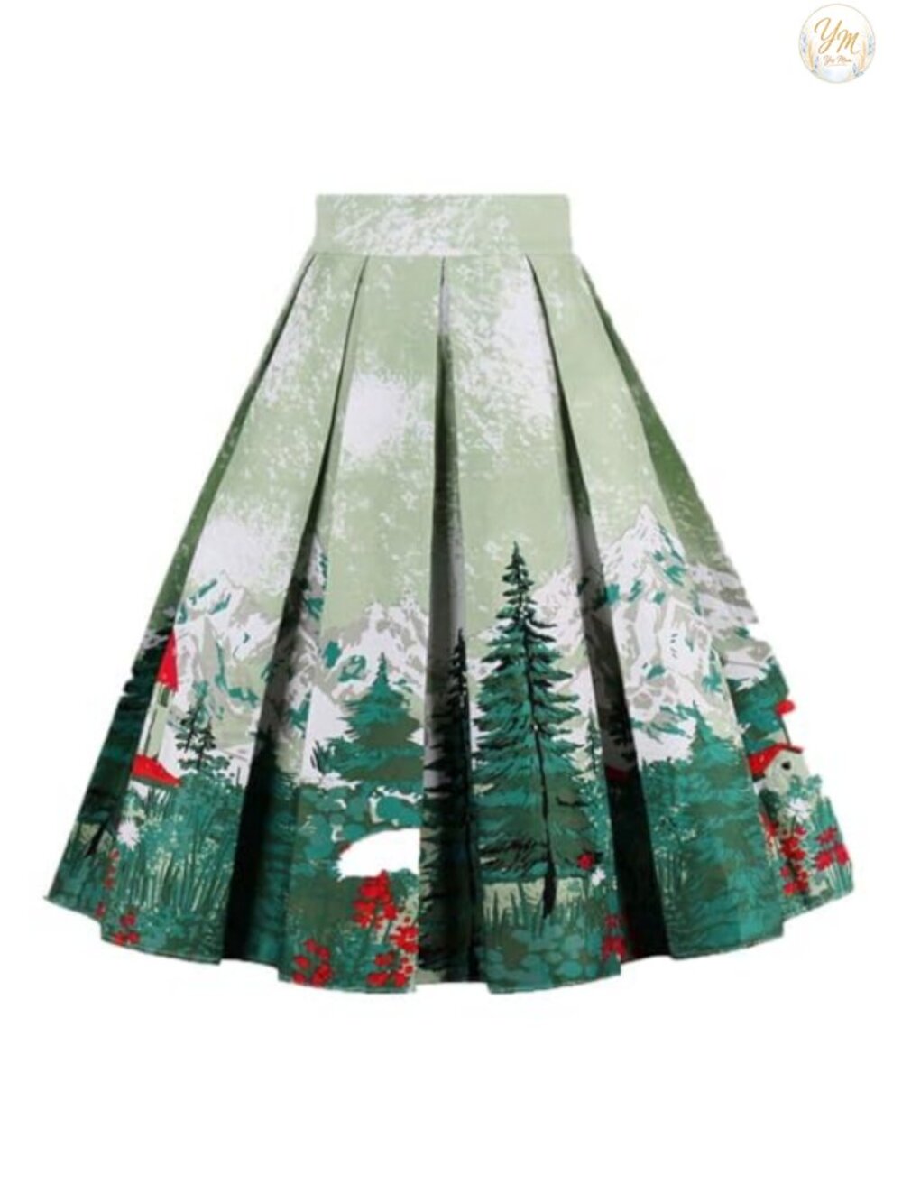 Vintage Pleated A-Line Midi Skirt Cotton Blend Side Pockets